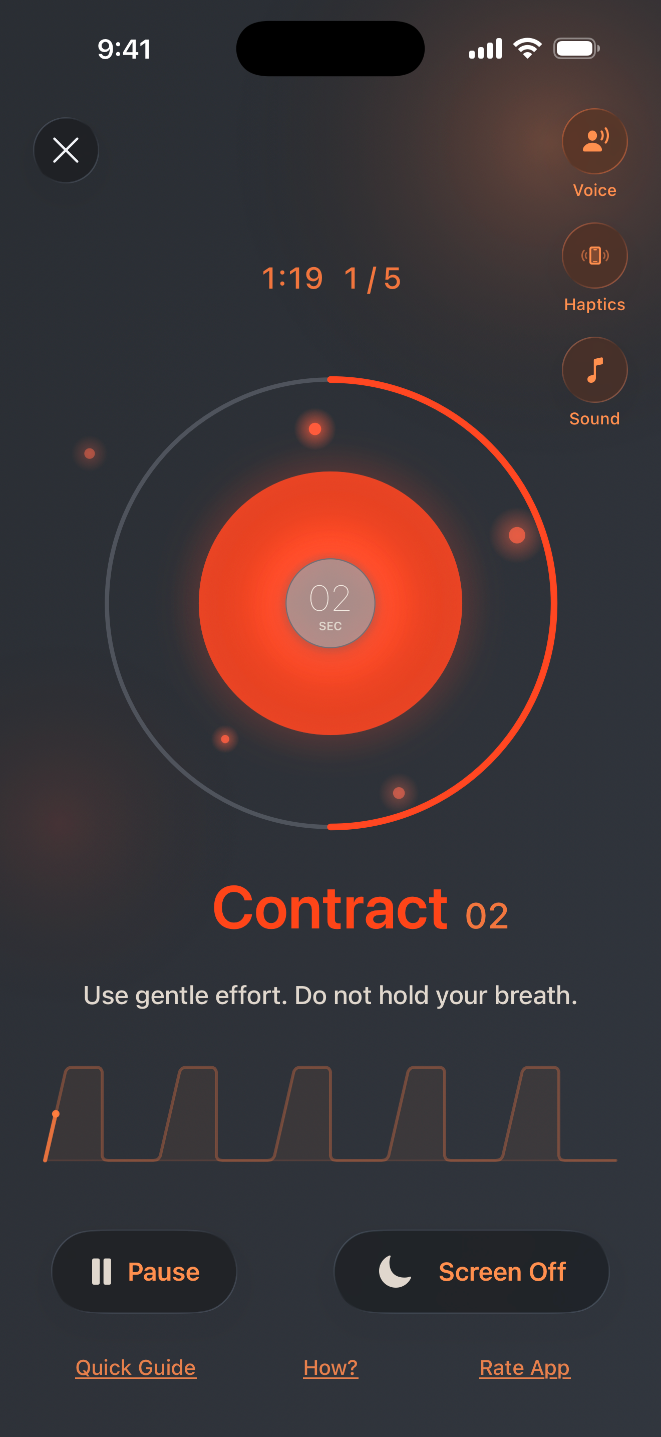 Reproductor con fase de contracción, cuenta atrás y controles de sonido y vibración, en inglés