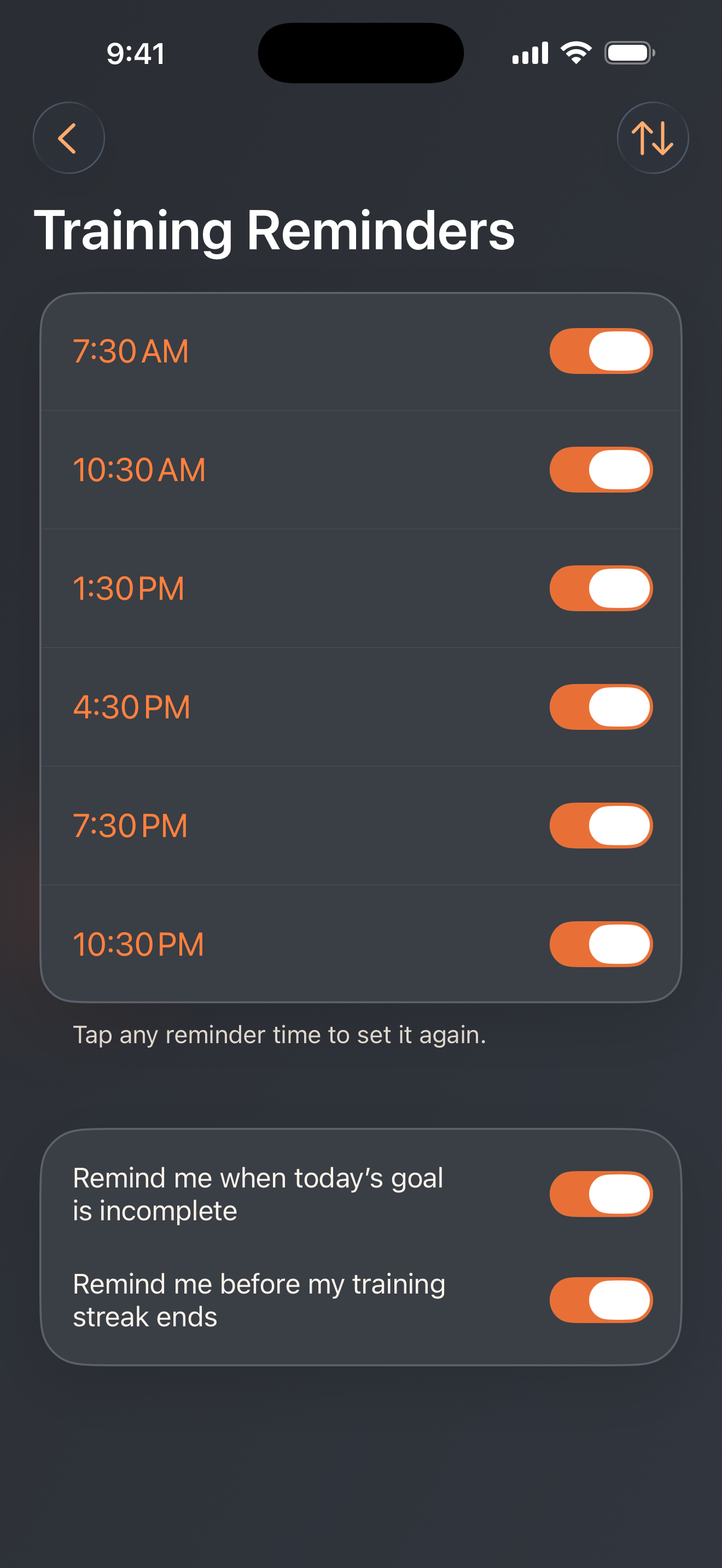 Horarios e interruptores de los recordatorios, en inglés