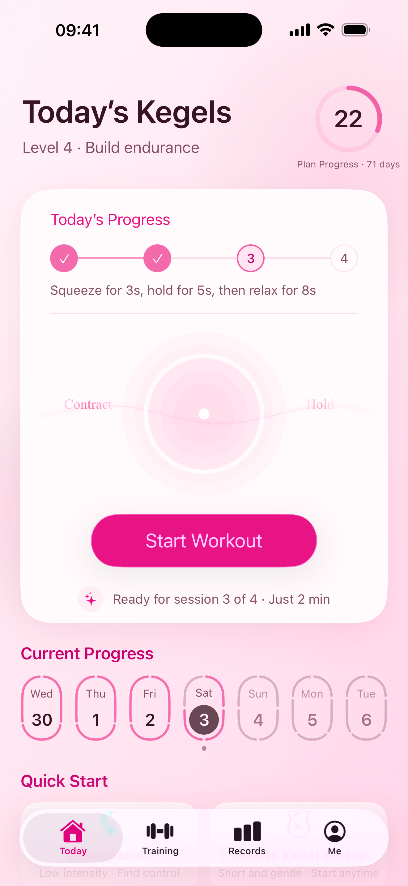 Pantalla Hoy con el tema rosa cerezo, en inglés
