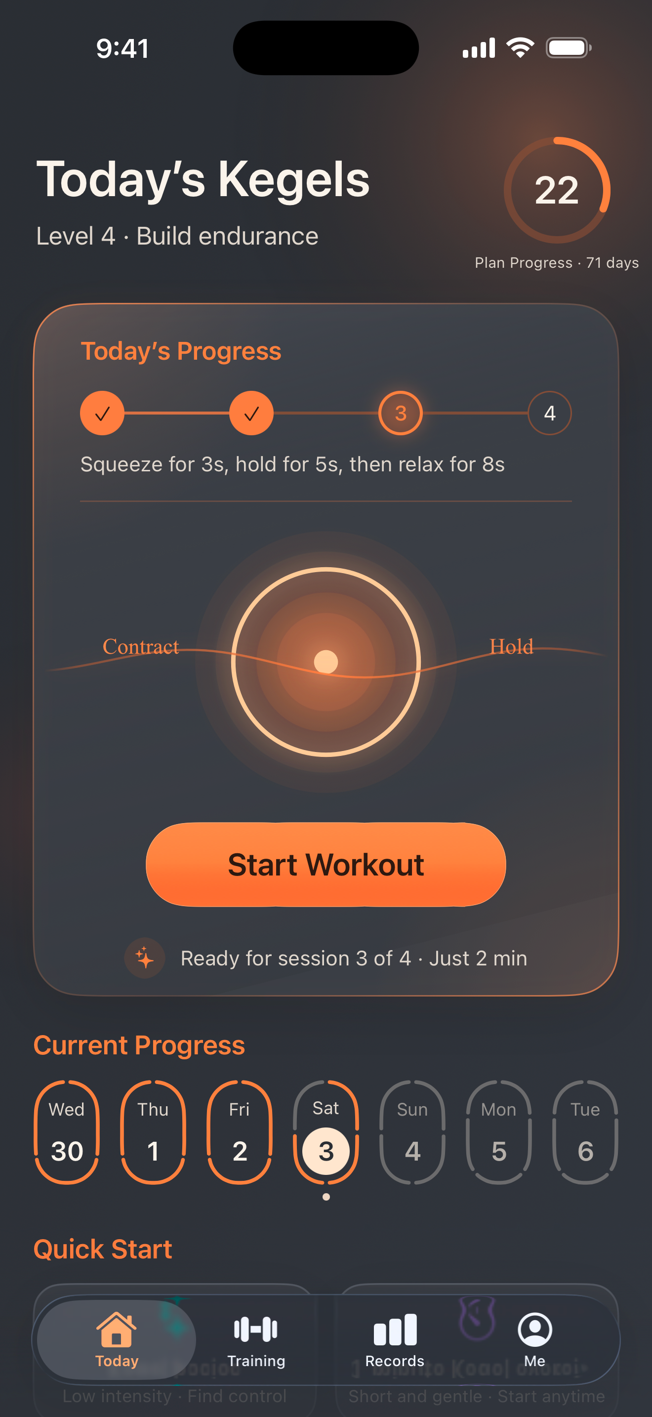 Pantalla Hoy de QuietKegel con entrenamiento, progreso y acceso rápido, en inglés