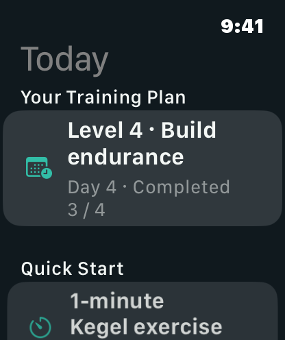 Pantalla Hoy de Apple Watch con plan y acceso rápido, en inglés
