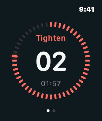 Pantalla de Apple Watch con contracción y cuenta atrás, en inglés